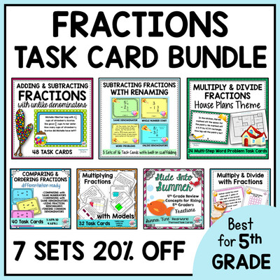 Fractions Word Problems Task Cards Activities or Math Centers Mega Bundle