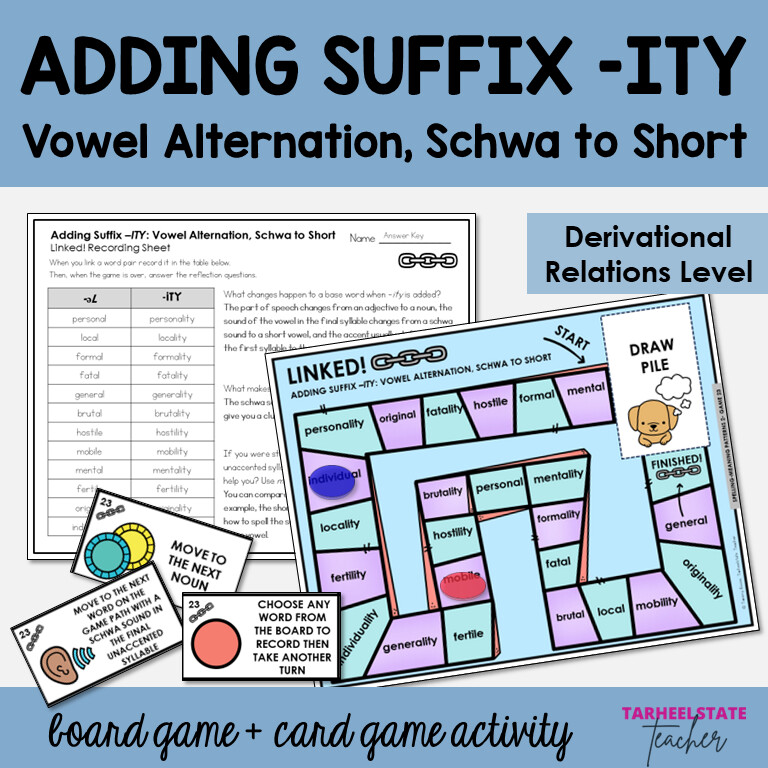 Suffix ITY Short Vowel &amp; Schwa Sound Activities Related Words Morphology Games