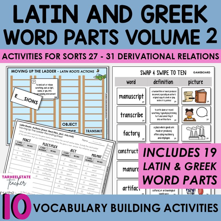 Latin and Greek Roots and Word Parts 2 Words Their Way Games Activities Bundle