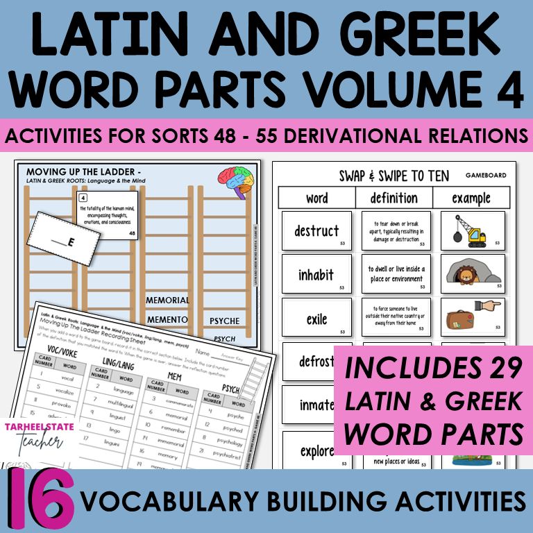 Latin and Greek Roots and Word Parts 4 Words Their Way Games Activities Bundle