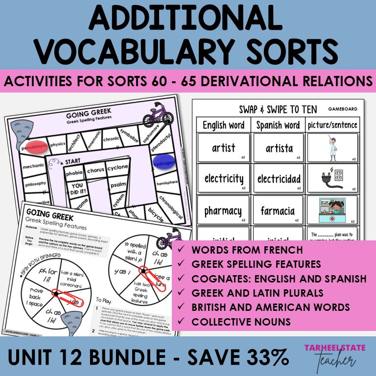 French, Greek &amp; Latin Spelling Patterns, Cognates, British American Words Bundle