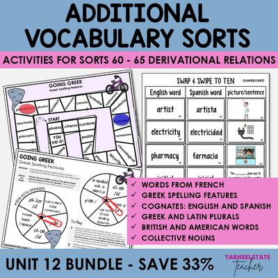 French, Greek &amp; Latin Spelling Patterns, Cognates, British American Words Bundle