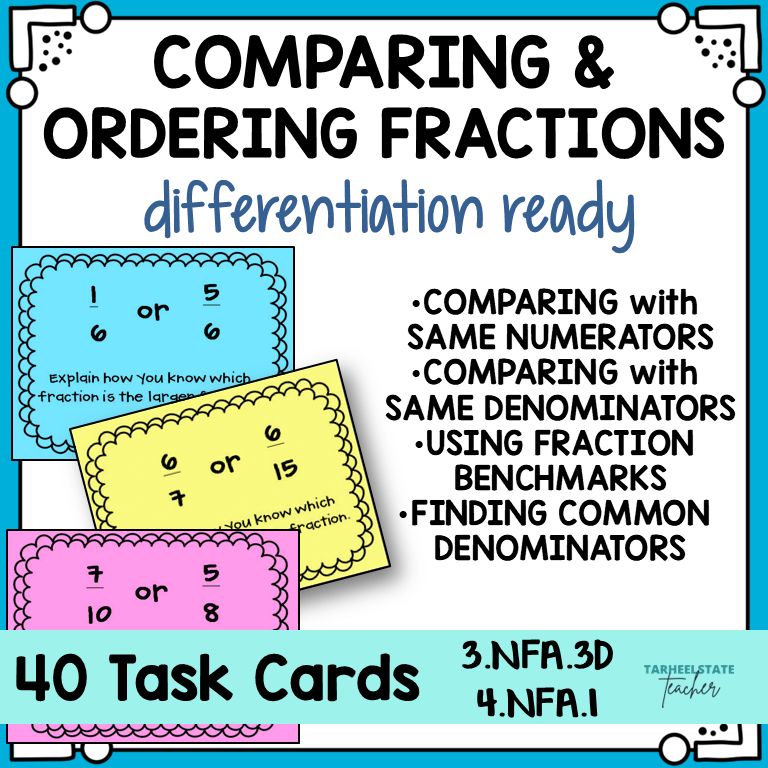 Comparing and Ordering Fractions Task Cards Activities or Math Centers