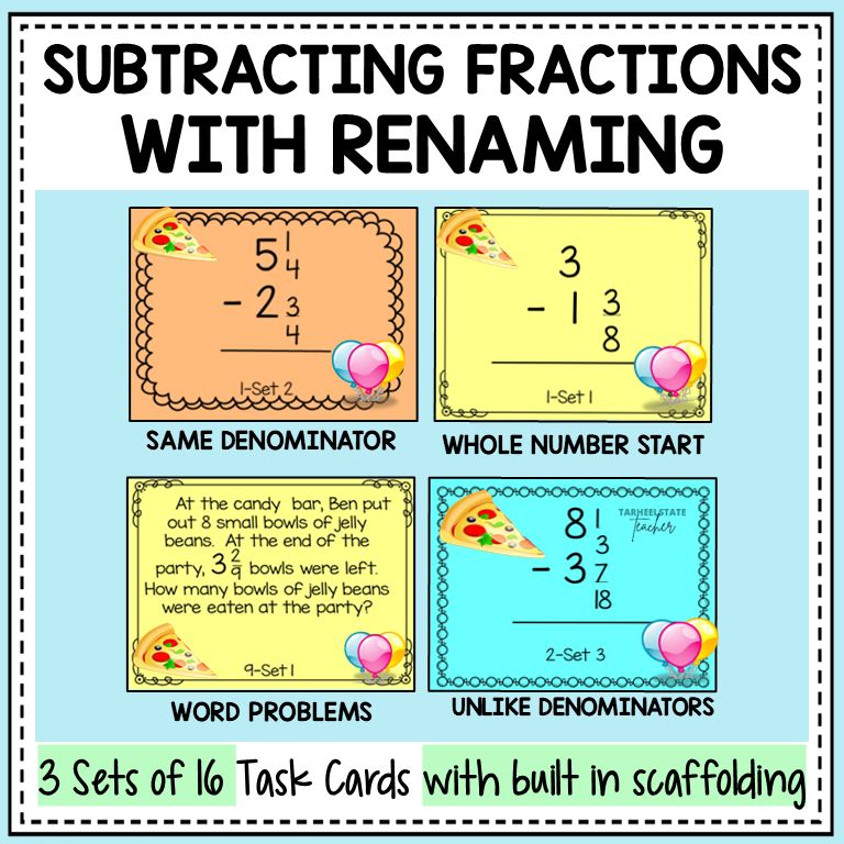 Subtracting Fractions Mixed Numbers with Regrouping Task Cards Activities