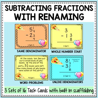 Subtracting Fractions Mixed Numbers with Regrouping Task Cards Activities
