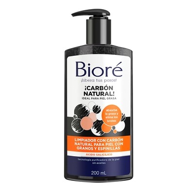 BIORE LIMPIADOR CON CARBON NATURAL PARA PIEL CON GRANOS Y ESPINILLAS 200 ML