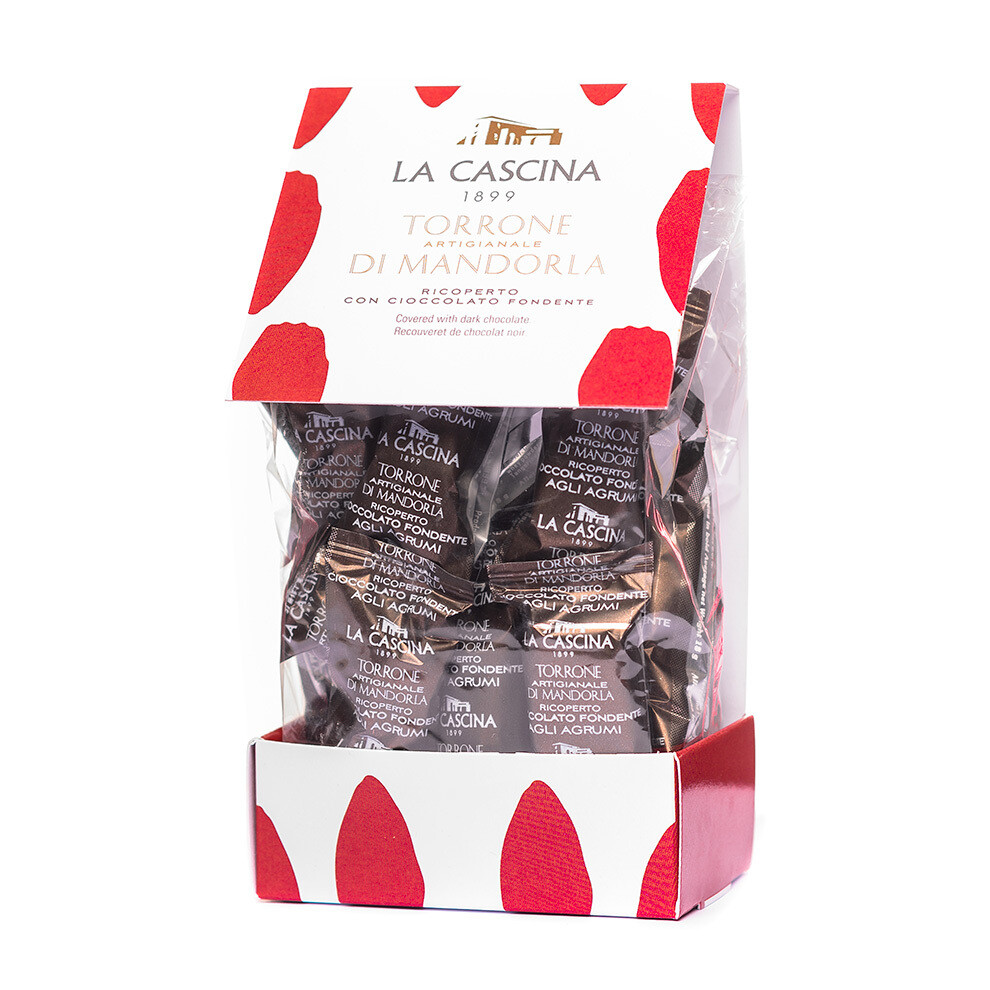Artisan nougat covered with dark chocolate. 300 g pack