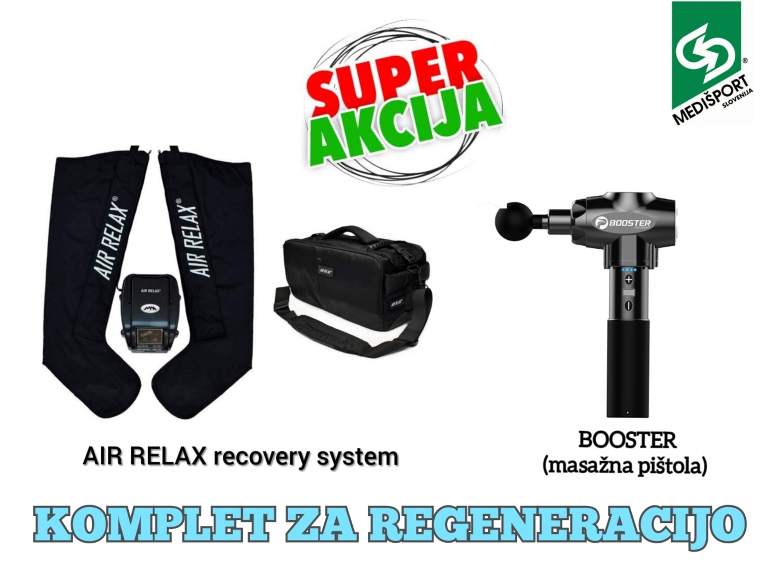 KOMPLET ZA REGENERACIJO: AIR RELAX recovery system s transportno torbo + BOOSTER  masažna pištola.