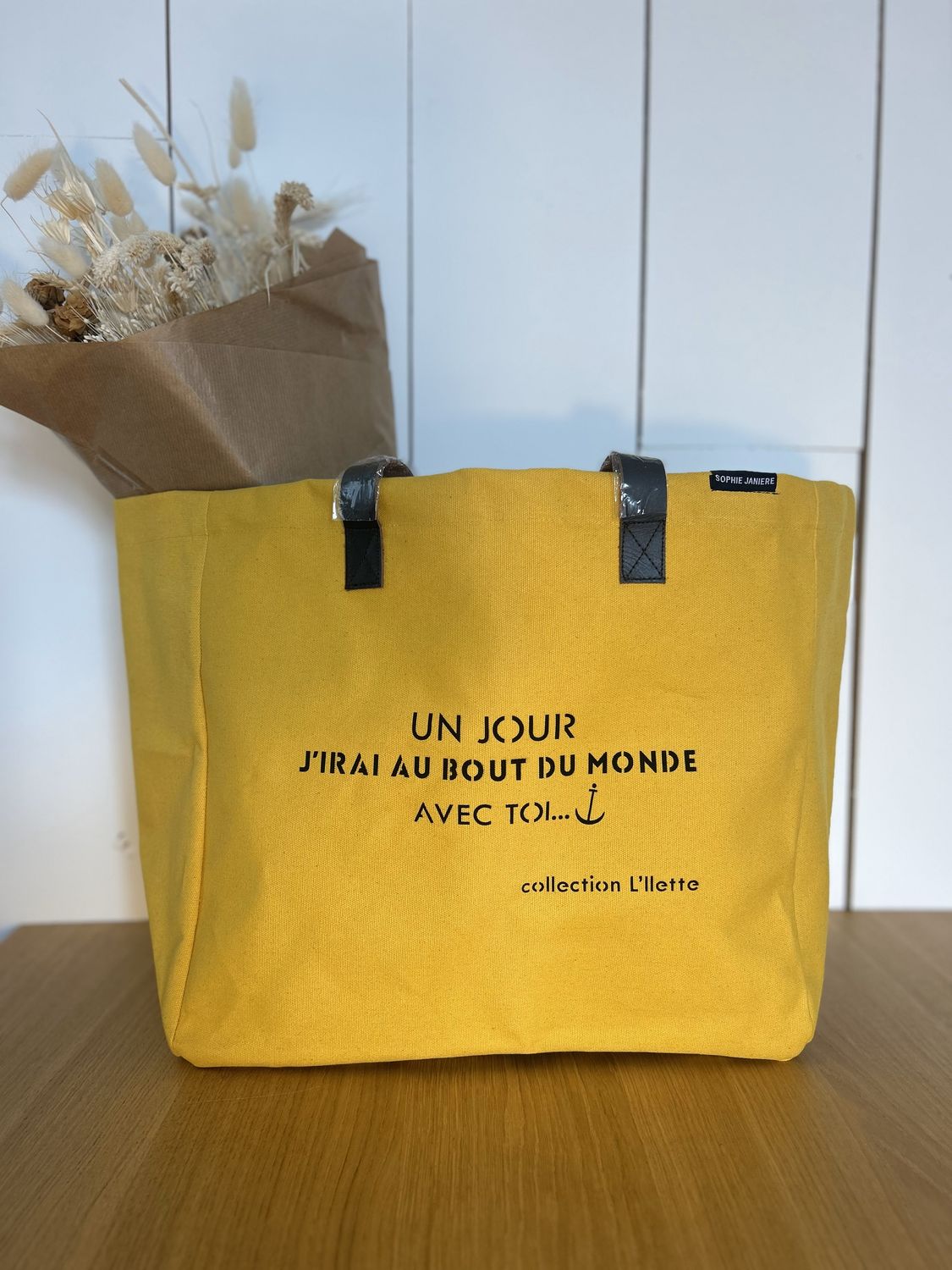 SAC COTON/CUIR "UN JOUR J'IRAI AU BOUT DU MONDE AVEC TOI"