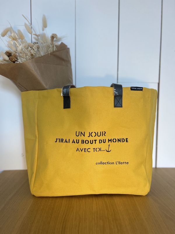 SAC COTON/CUIR "UN JOUR J'IRAI AU BOUT DU MONDE AVEC TOI"