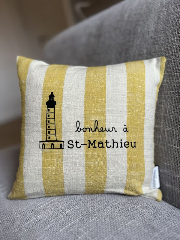 COUSSIN RAYURES 25X25 "BONHEUR À ST-MATHIEU"