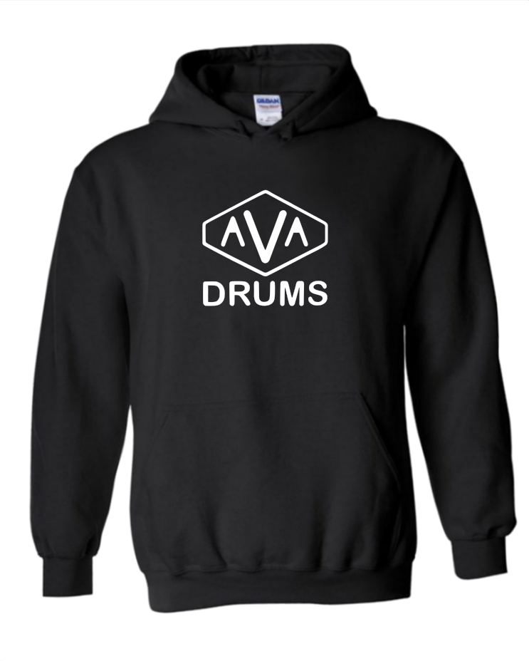 AVA Drums Pullover Hoodies, Print Color: White (black, if on white items), Hoodie Colour: Black