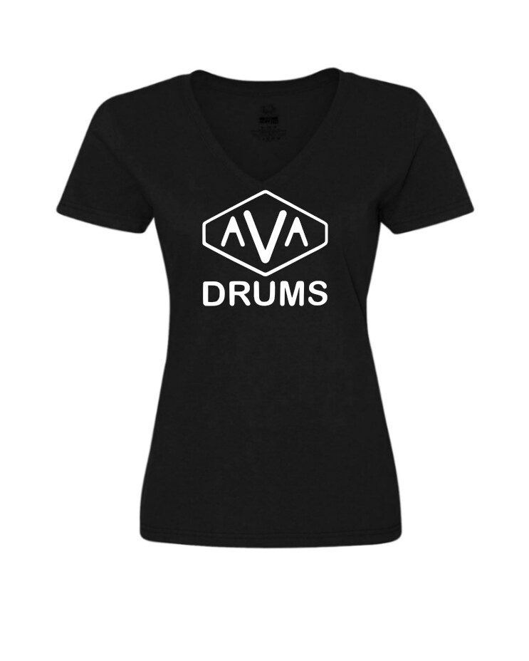 AVA Drums - Ladies V Neck, Shirt Colour: Black, Print Color: White (black, if on white items)