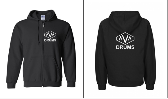 AVA Drums Zip Up Hoodie, Print Color: White (black, if on white items), Hoodie Colour: Black