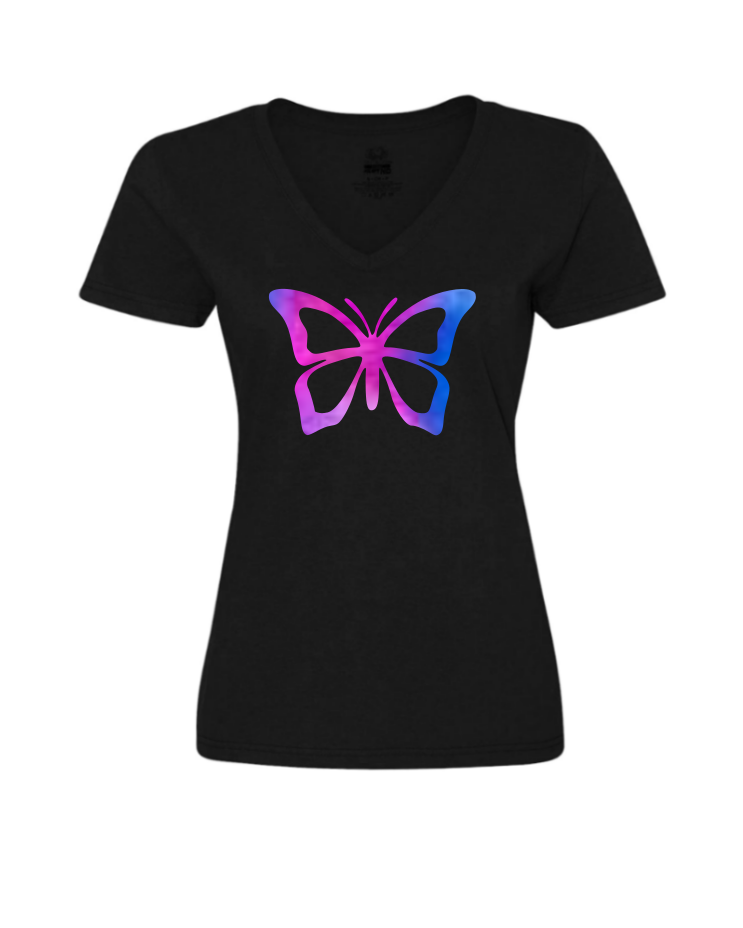 Purple Butterfly (Ladies/Unisex Shirt), Colour: Black, Style: Ladies V Neck