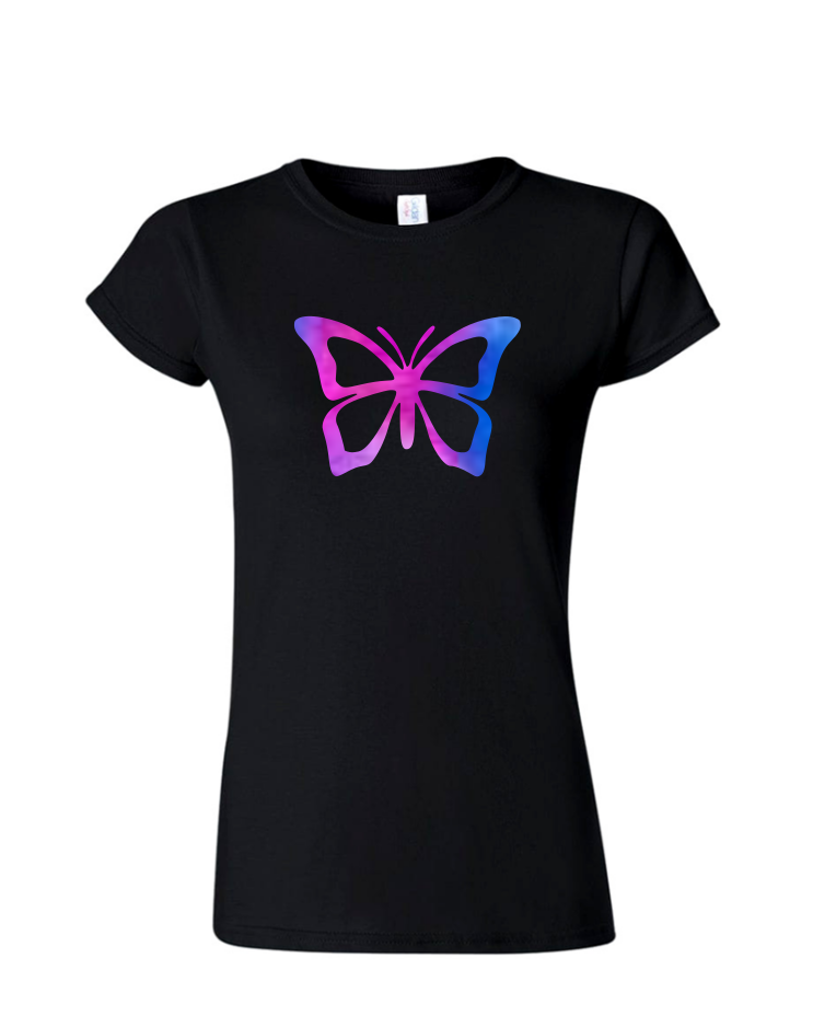 Purple Butterfly - Ladies Tee/V Neck, Style: Ladies Fitted Softstyle T-Shirt (Black)