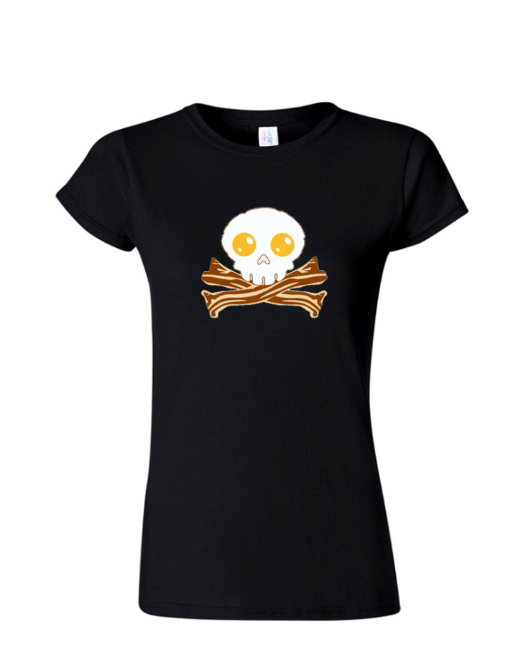 Bacon Skull - Ladies Tee/V Neck, Style: Ladies Fitted Softstyle T-Shirt (Black)
