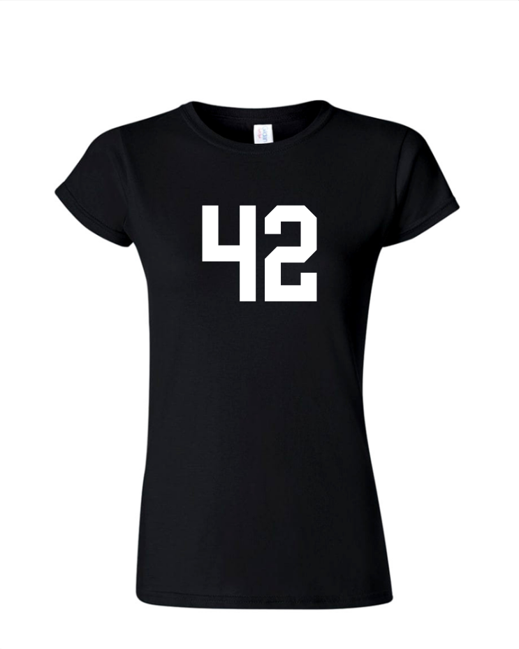 Hitchhiker&#39;s Guide &quot;42&quot; Ladies Tee/V Neck, Style: Ladies Fitted Softstyle T-Shirt (Black)