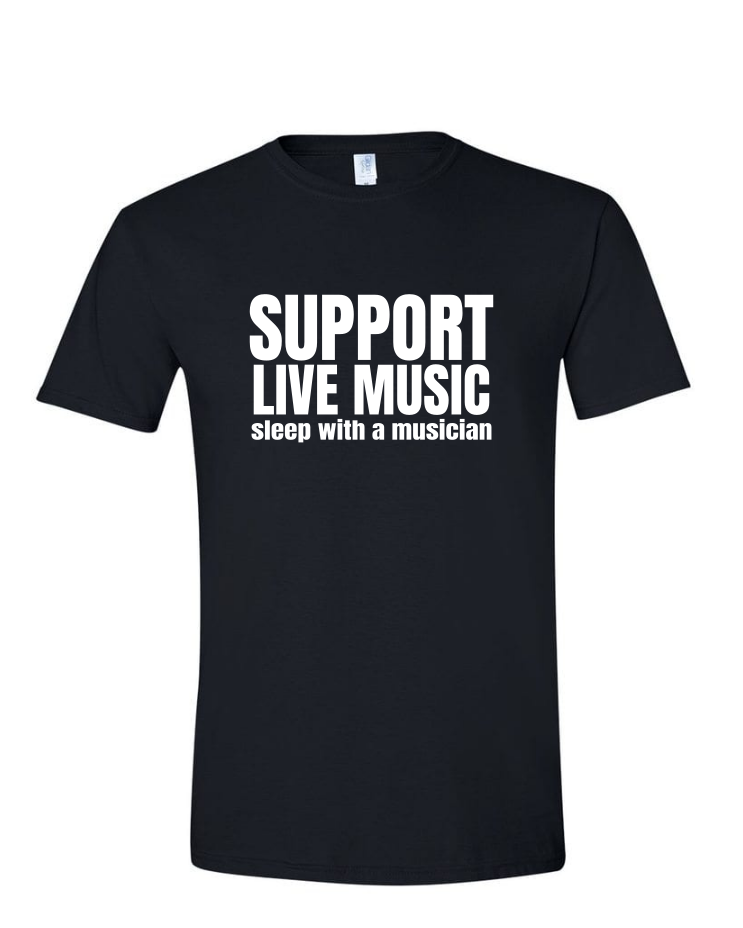 Support Live Music - (Mens/Ladies Shirt), Style: Mens Softstyle T-Shirt, Colour: Black