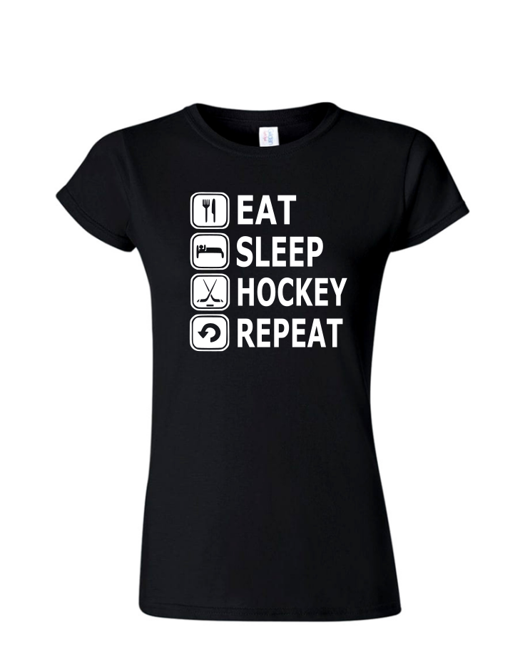 Eat, Sleep, Hockey - Ladies Tee/V Neck, Style: Ladies Fitted Softstyle T-Shirt (Black)