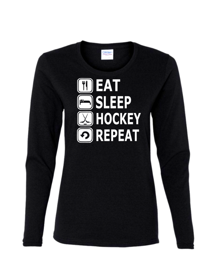 Eat, Sleep, Hockey - Ladies Long Sleeve, Colour: Black