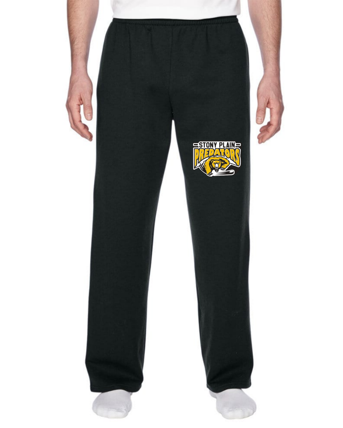 Stony Plain Predators - Adult Open Bottom Sweatpants, Colour: Black, Logo Color: White/Yellow