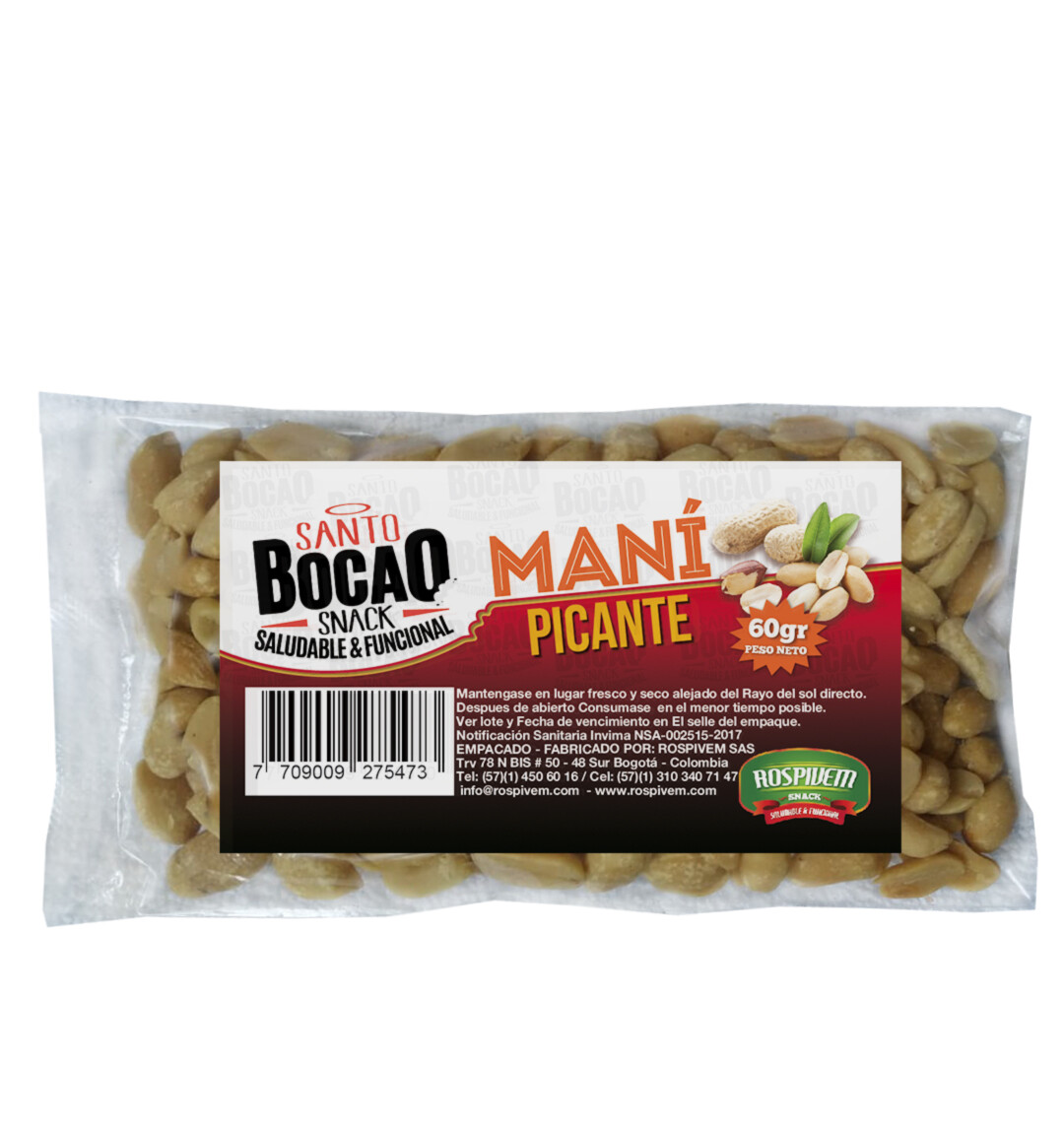 Maní picante
Paquete 12 Und. (60 gr. C/u)