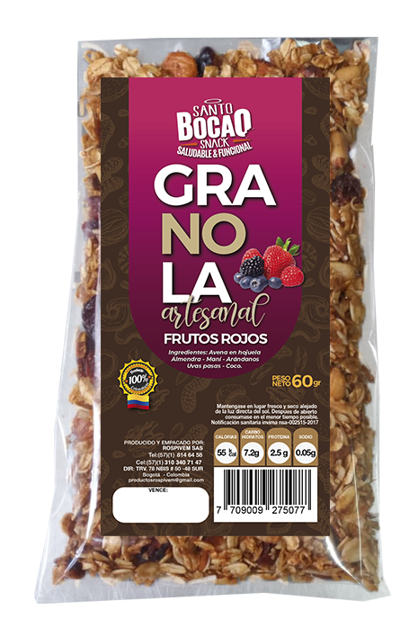 Six Pack. Granola Artesanal
(2 Und de cada sabor Frutos Rojos - Mango - Piña  60 gr C/u).