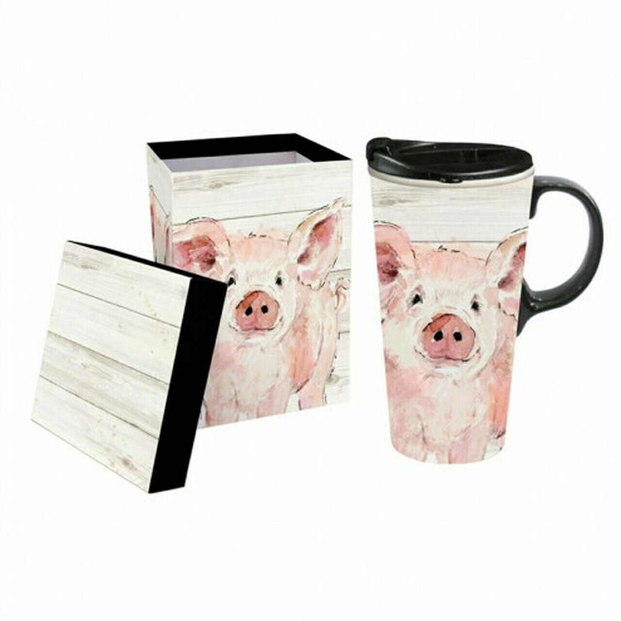 Ceramic Travel Mug with Gift Box, 17 ounces (Pretty Pink Pig)