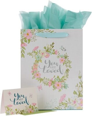 With Love Gift Bag, Card, and Tissue Paper Set "You Are Loved" Floral, Cream/Pink/Green, Large Landscape