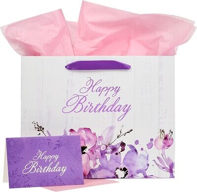 Three Piece Landscape Gift Bag w/Card &amp; Tissue Paper Set for Women: Happy Birthday