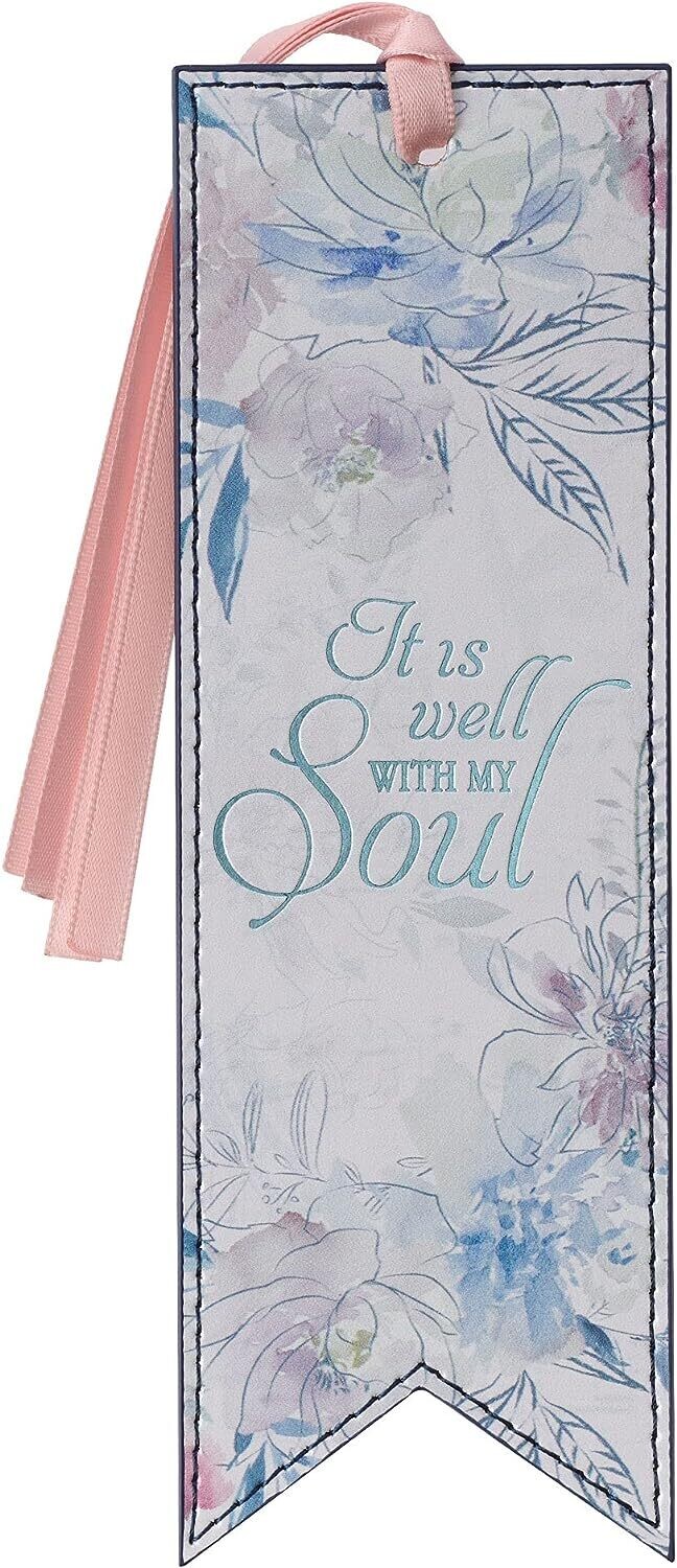 Faux Leather Bookmark: It Is Well with My Soul Hymn, Soft Pink Floral with Satin Ribbon