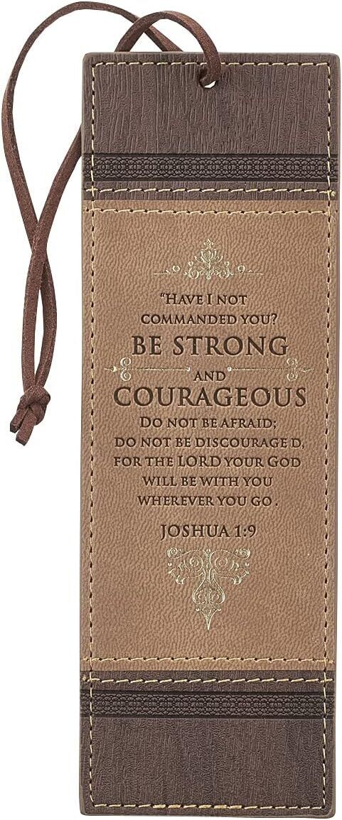 Faux Leather Bookmark Strong and Courageous Joshua 1:9 Bible Verse w/Cord Tassel, Brown