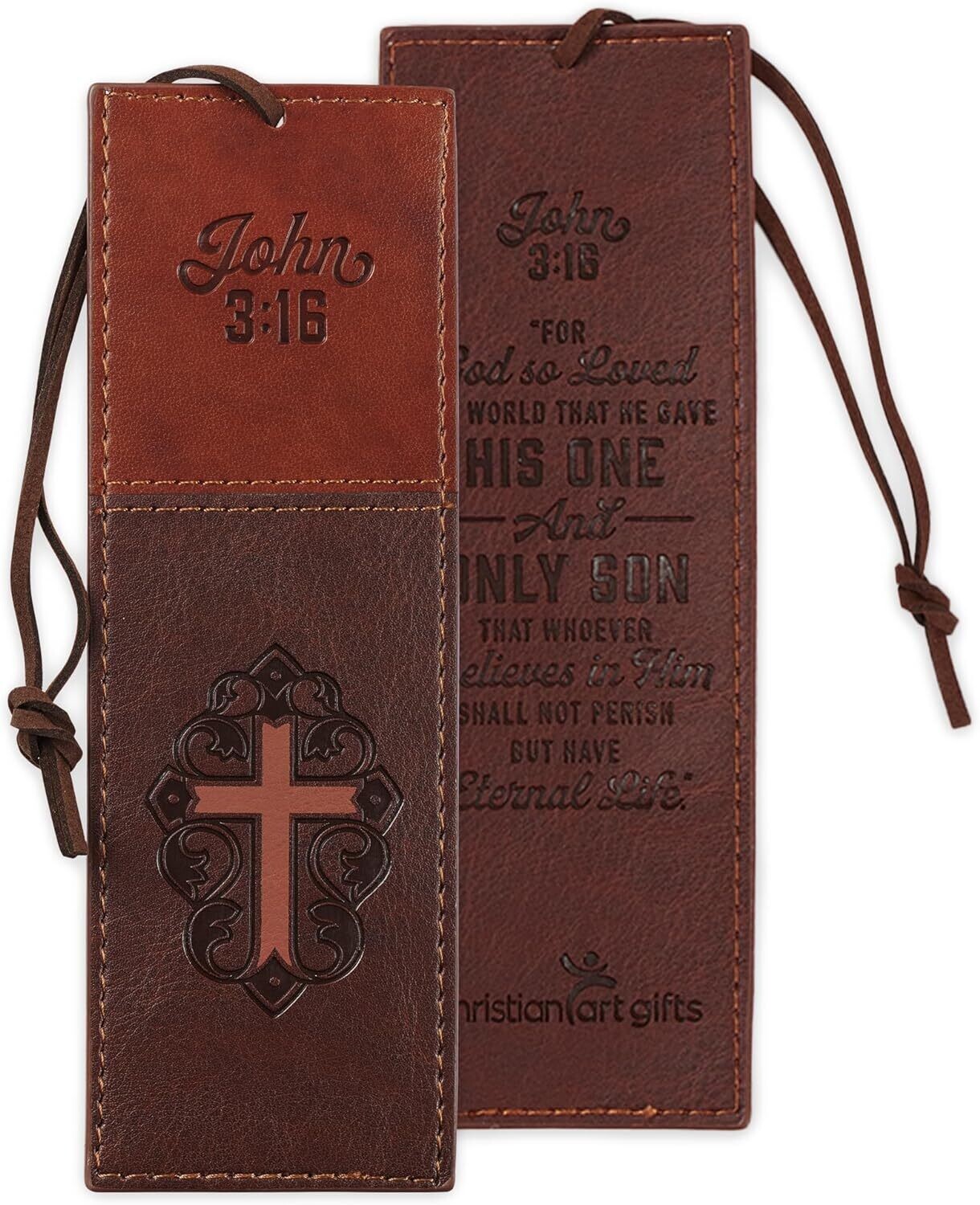 Brown Faux Leather Bookmark Two-Tone Cross - John 3:16 Bible Verse Inspirational Bookmark for Women W/Satin Ribbon Tassel