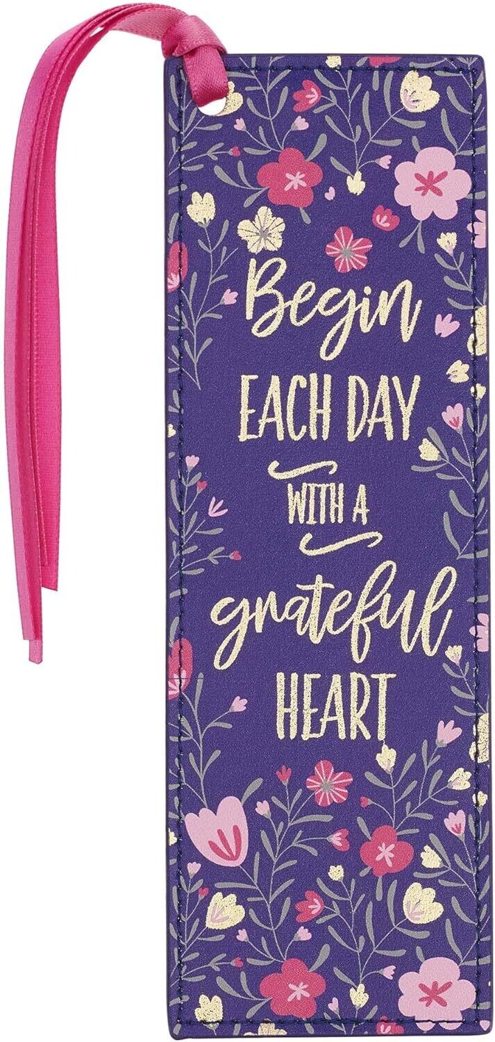 With Love Pink/Blue Faux Leather Bookmark for Women, Begin Each Day with a Grateful Heart Floral Debossed Design W/Gold Accents/Ribbon Tassel