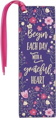 With Love Pink/Blue Faux Leather Bookmark for Women, Begin Each Day with a Grateful Heart Floral Debossed Design W/Gold Accents/Ribbon Tassel