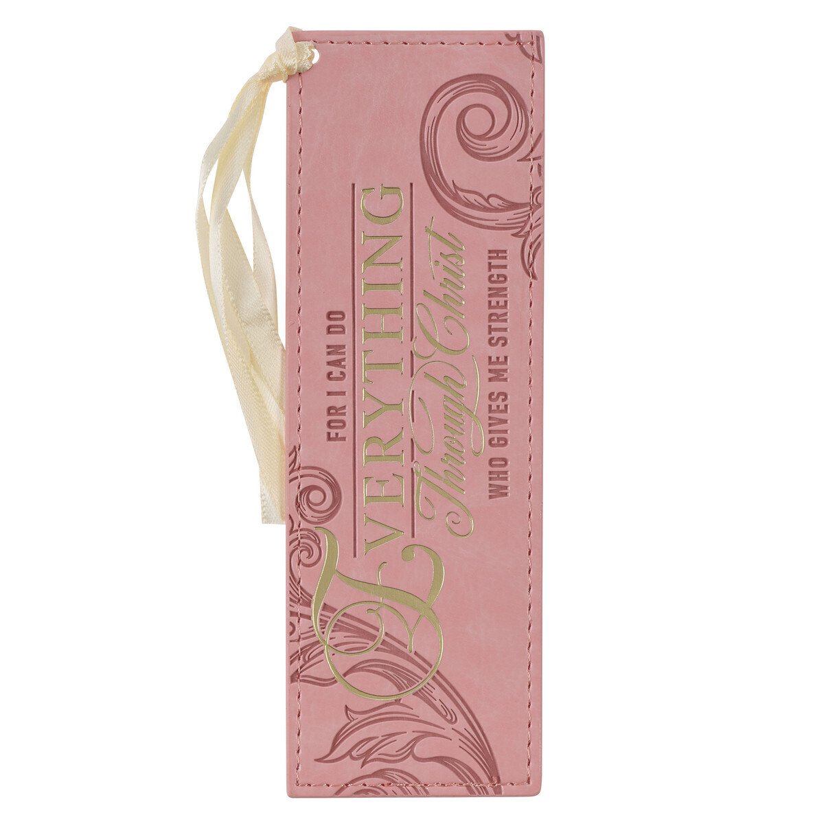 Pink &amp; Gold Faux Leather Premium Bible Verse Bookmark: Everything Through Christ - Philippians 4:1