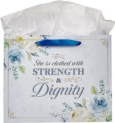 Large Landscape Scripture Gift Bag, Tag &amp; Wrapping Tissue Paper Set for Women: Strength &amp; Dignity