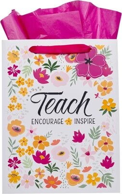 Large Portrait Inspirational Scripture Gift Bag, Tag &amp; Wrapping Tissue Paper Set for Teachers &amp; Women: Teach, Encourage, Inspire Bible Verse, White, Pink, Orange Multicolor Floral