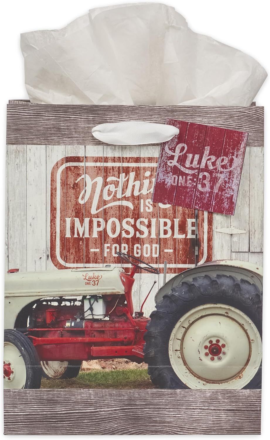 Medium Portrait Inspirational Scripture Gift Bag, Tag &amp; Wrapping Tissue Paper Set for Men &amp; Women: Nothing is Impossible Encouraging Bible Verse, Wooden Brown &amp; Red Tractor Theme