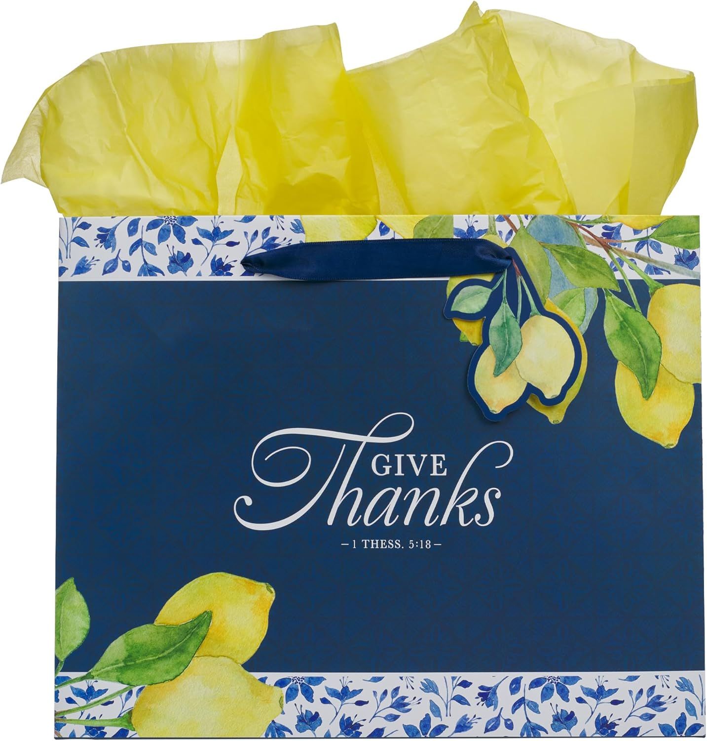 Large Landscape Inspirational Scripture Gift Bag, Tag &amp; Tissue Wrapping Paper Set for Women: Give Thanks Bible Verse, White, Navy Blue &amp; Yellow Lemon Floral, Satin Ribbon Handles
