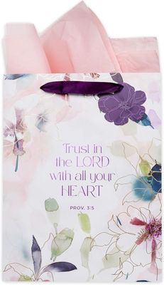 Large Portrait Inspirational Scripture Gift Bag, Tag, &amp; Wrapping Tissue Paper Set for Women: Trust in the Lord Encouraging Bible Verse, Purple &amp; Gold Multicolor Watercolor Floral