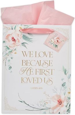 Large Portrait Inspirational Scripture Gift Bag, Tag &amp; Wrapping Tissue Paper Set for Women: He First Loved Us &amp; Love is Patient Bible Verses, Wedding White &amp; Pink Floral w/Gold