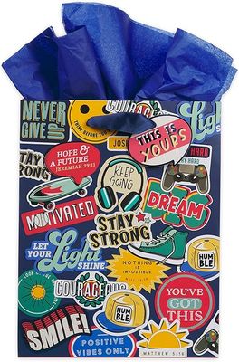 Gift Bag &amp; Tissue Paper Set for Boys, Girls &amp; Children: Encouraging Bible Verses &amp; Quotes, Multicolor Stickered Design, Navy Blue Satin Ribbon Handles