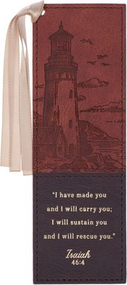 Premium Vegan Leather Inspirational Scripture Bookmark for Men &amp; Women: I Will Carry You Encouraging Bible Verse, Heat-Debossed, Satin Ribbon, Lighthouse Ocean Theme, Brown &amp; Gold