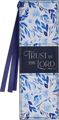 Premium Vegan Leather Inspirational Scripture Bookmark for Women: Trust in The Lord Encouraging Bible Verse, Cute Satin Ribbon for Reading Books &amp; Bibles, White/Blue/Silver Floral
