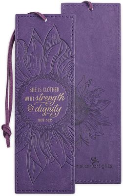 Vegan Leather Scripture Bookmark for Women: Strength and Dignity - Proverbs 31:25 w/Tassel, Purple Sunflower