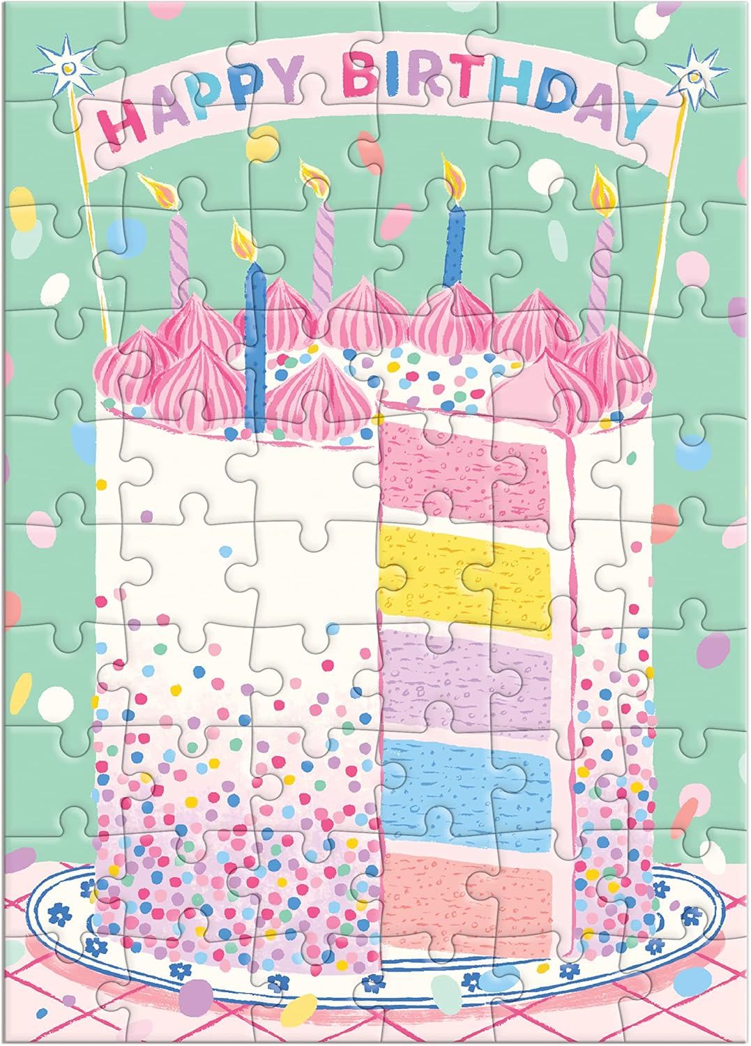Confetti Birthday Cake – Birthday Greeting and Jigsaw Puzzle Card Includes Color Coordinated Envelope and Sticker Seal