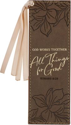 Bookmark Faux Leather Brown God Works for Good Romans 8:28
