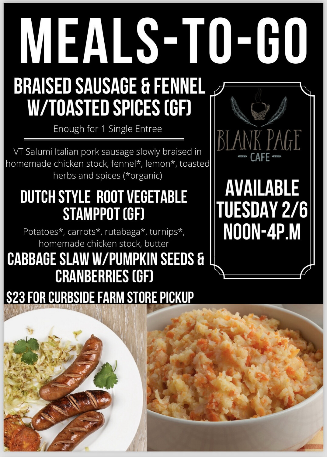 Tuesday 2/06 NOON-4PM PICKUP - Braised Sausage W/Fennel & Toasted Spices + Dutch Style Stamppot + Cabbage Slaw W/Pumpkin Seeds and Cranberries